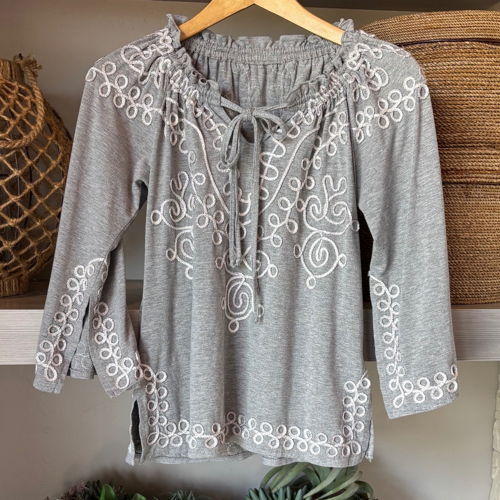 Boho Peasant Top Gray with Embroidery, Gathered Neck with Tie